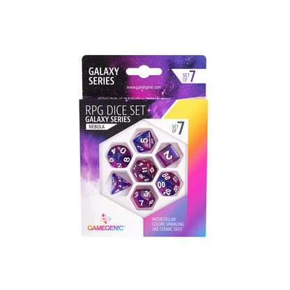 Galaxy Series Nebula RPG Dice Set | Set of 7 Dice in a Variety of Sizes Designed for Roleplaying Games | Premium Quality Resin Dice | Cosmic Glittering Design | Blue and Purple | Made by Gamegenic
