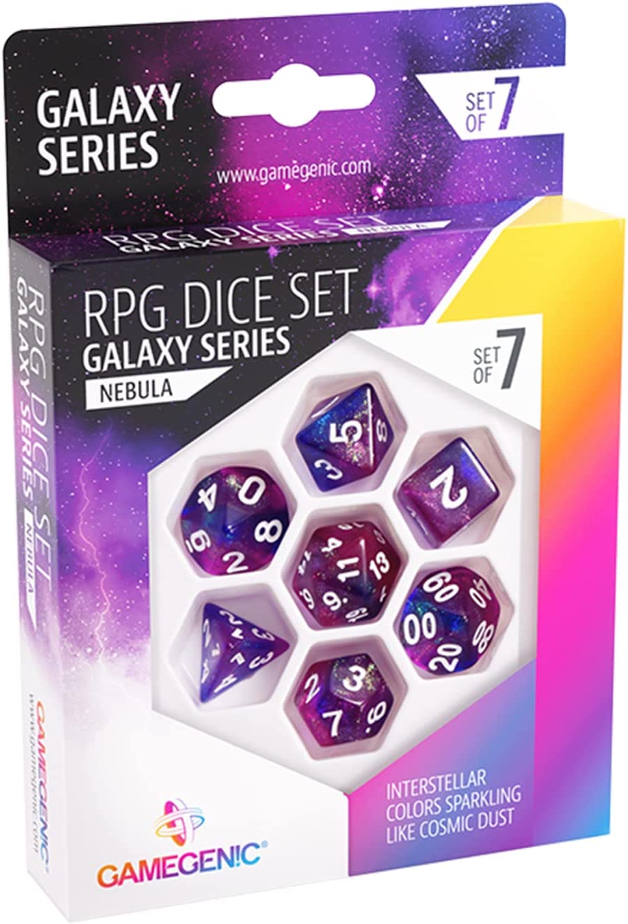 Galaxy Series Nebula RPG Dice Set | Set of 7 Dice in a Variety of Sizes Designed for Roleplaying Games | Premium Quality Resin Dice | Cosmic Glittering Design | Blue and Purple | Made by Gamegenic