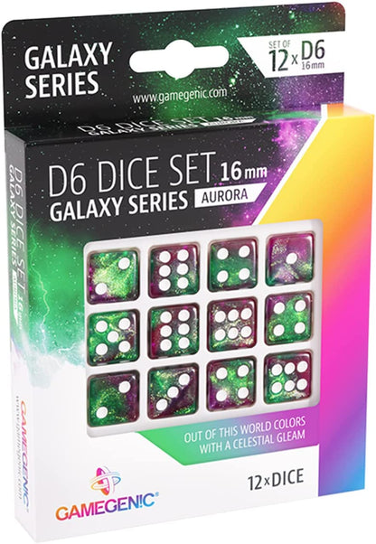 Galaxy Series Aurora D6 Dice Set | Set of 12 Six-Sided Dice | Premium Quality Resin Dice for Dice Games, Board Games and Card Games | Cosmic Glittering Design | Green and Purple | Made by Gamegenic