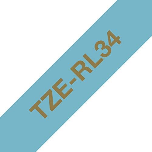 Brother TZe-RL34 Labelling Tape Cassette, Gold on Light Blue, 12mm (W) x 4M (L), Ribbon Tape, Brother Genuine Supplies