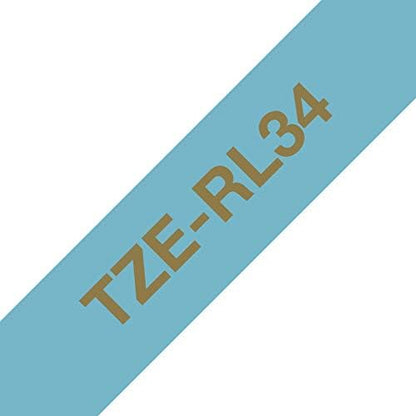 Brother TZe-RL34 Labelling Tape Cassette, Gold on Light Blue, 12mm (W) x 4M (L), Ribbon Tape, Brother Genuine Supplies