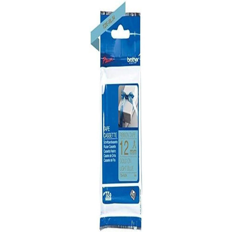 Brother TZe-RL34 Labelling Tape Cassette, Gold on Light Blue, 12mm (W) x 4M (L), Ribbon Tape, Brother Genuine Supplies
