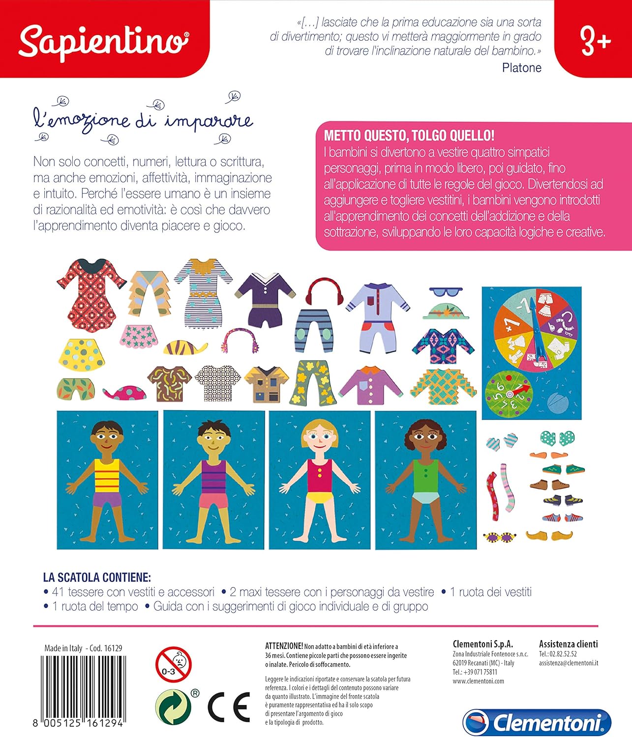 Clementoni- Metto Questo Tolgo Quello Italia Juego Educativo Sapientino, Multicolor, 3 Anni (16129