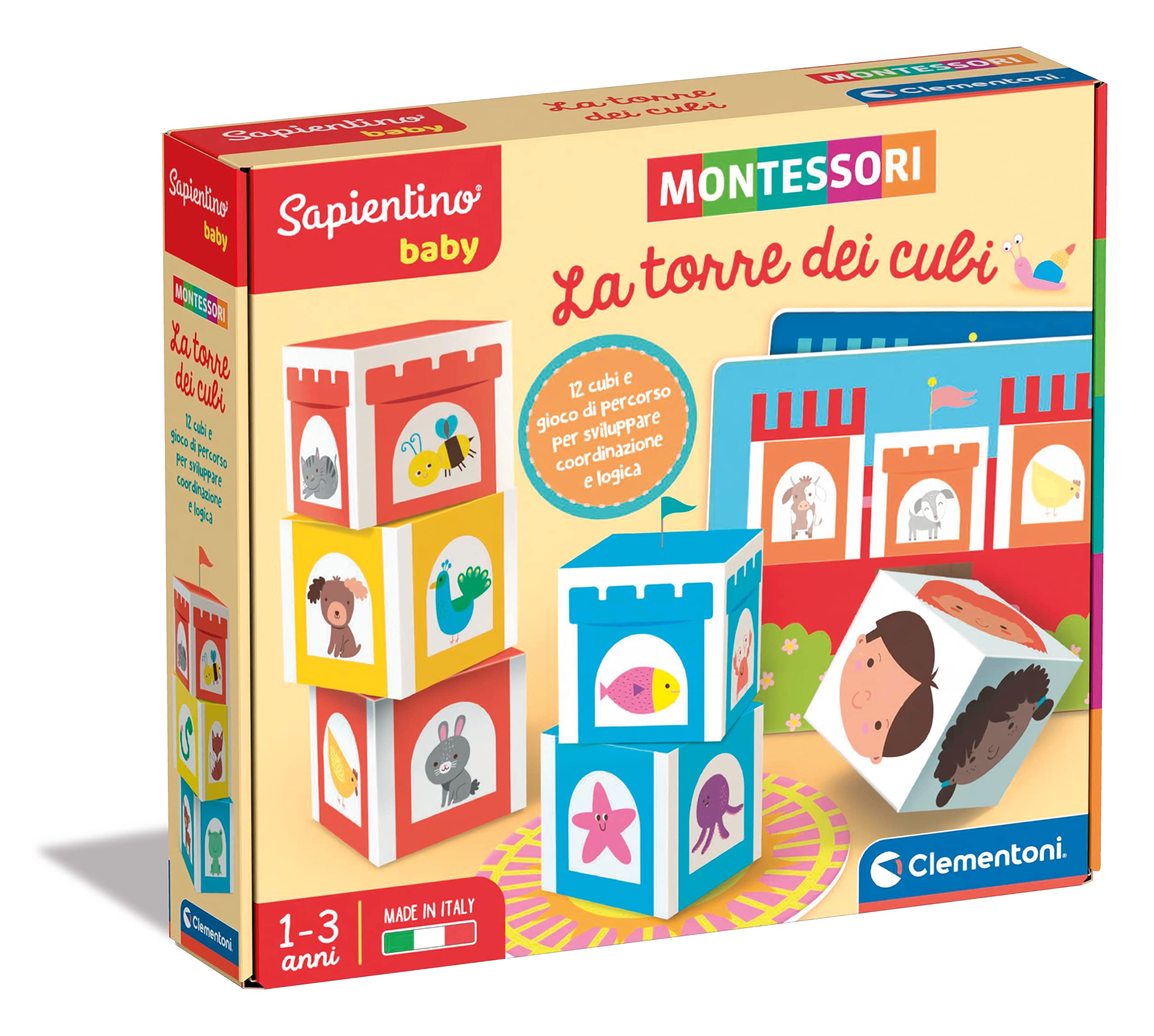Clementoni - Sapientino Baby Tower of Cubes-Educational Game 1 Year (English Version), Montessori Games, Made in Italy, Multicolor, 16411