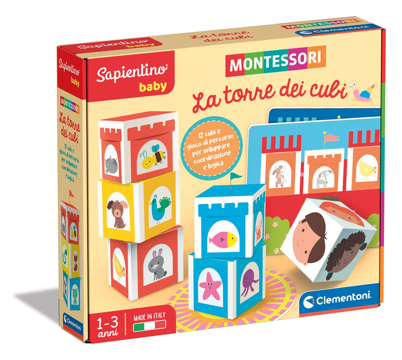 Clementoni - Sapientino Baby Tower of Cubes-Educational Game 1 Year (English Version), Montessori Games, Made in Italy, Multicolor, 16411