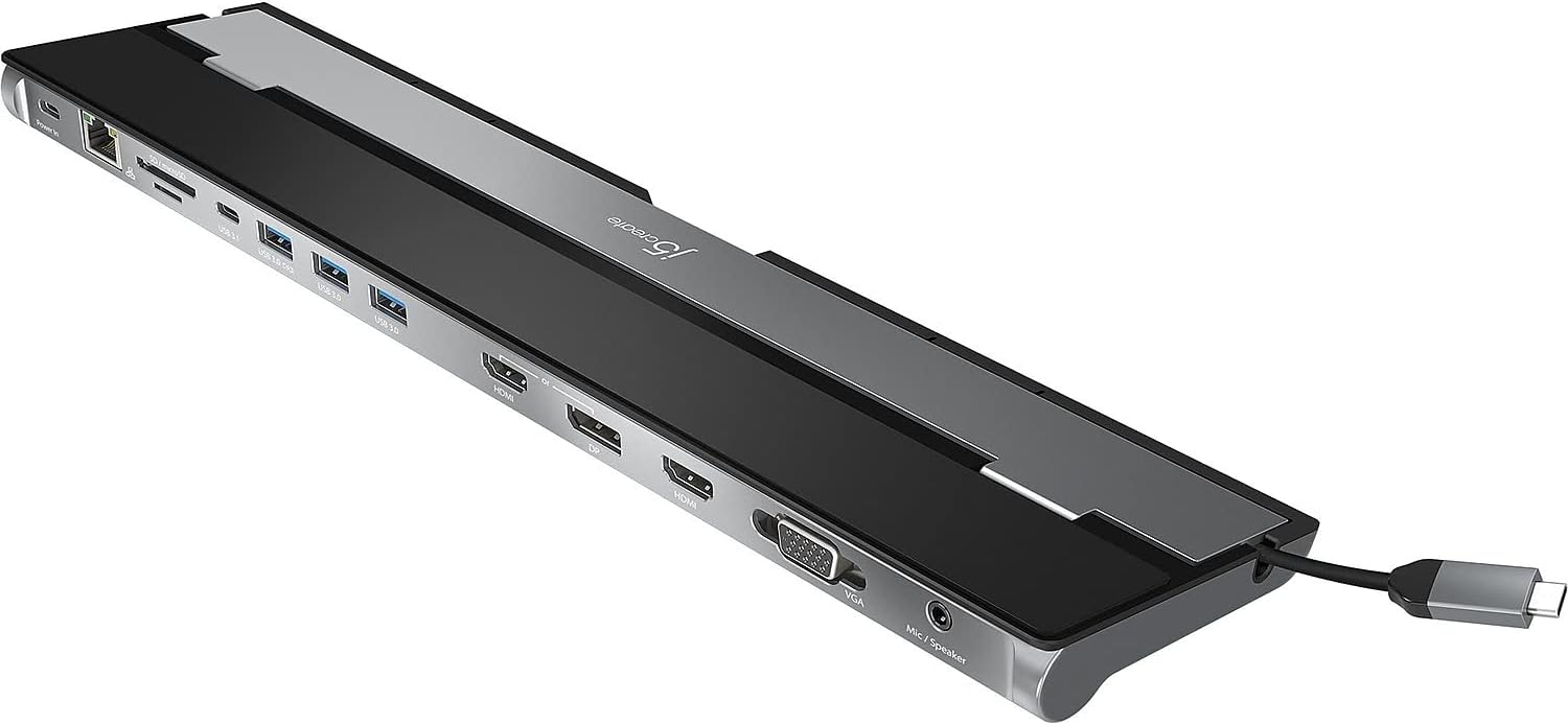 j5create USB C-dockingstation - ondersteunt tot 3 beeldschermen tegelijkertijd | HDMI, DisplayPort, VGA, 100 W PD snel opladen, Gigabit Ethernet | Wordt geleverd met type C-kabelcompartiment (JCD543