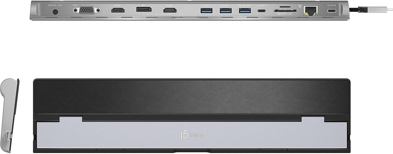 j5create USB C-dockingstation - ondersteunt tot 3 beeldschermen tegelijkertijd | HDMI, DisplayPort, VGA, 100 W PD snel opladen, Gigabit Ethernet | Wordt geleverd met type C-kabelcompartiment (JCD543