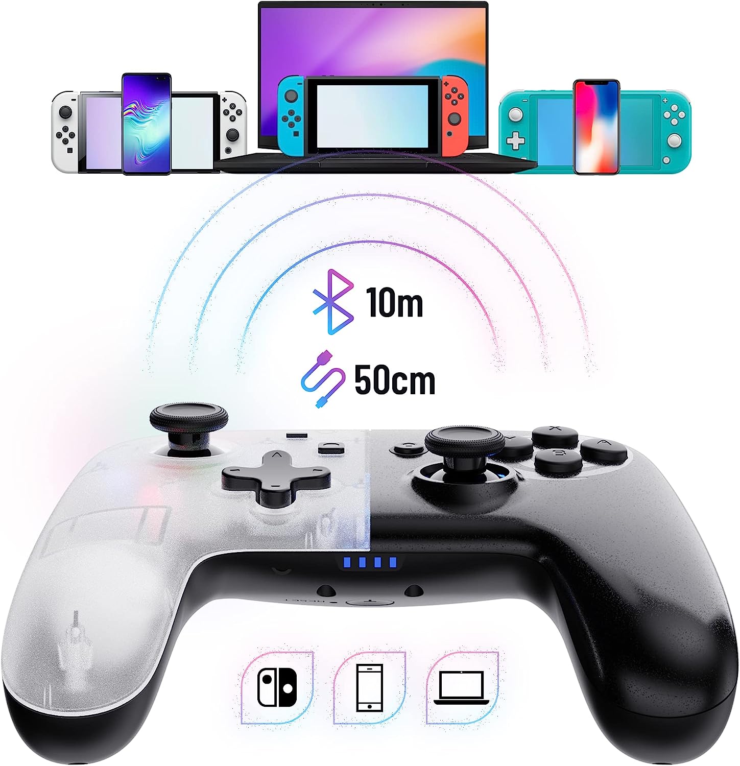 Oniverse White Star Wireless Switch Controller Switch Pro Controller LED Bluetooth Controller voor Switch OLED Switch Switch Lite (iOS en Android) Vibration Turbo Mode 6 assen Gyroscoop Wit