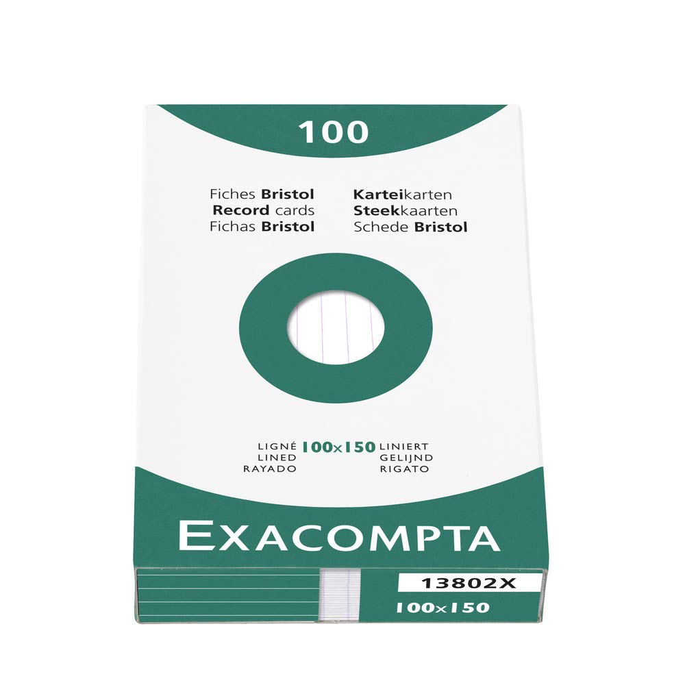 Exacompta - Ref 13802X - Bristol Lined Record Cards (Pack of 100) - 100 x 150mm in Size, 205gsm Card, Compatible with Printers - Suitable for Exam Revision & Notes