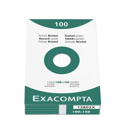 Exacompta - Ref 13802X - Bristol Lined Record Cards (Pack of 100) - 100 x 150mm in Size, 205gsm Card, Compatible with Printers - Suitable for Exam Revision & Notes