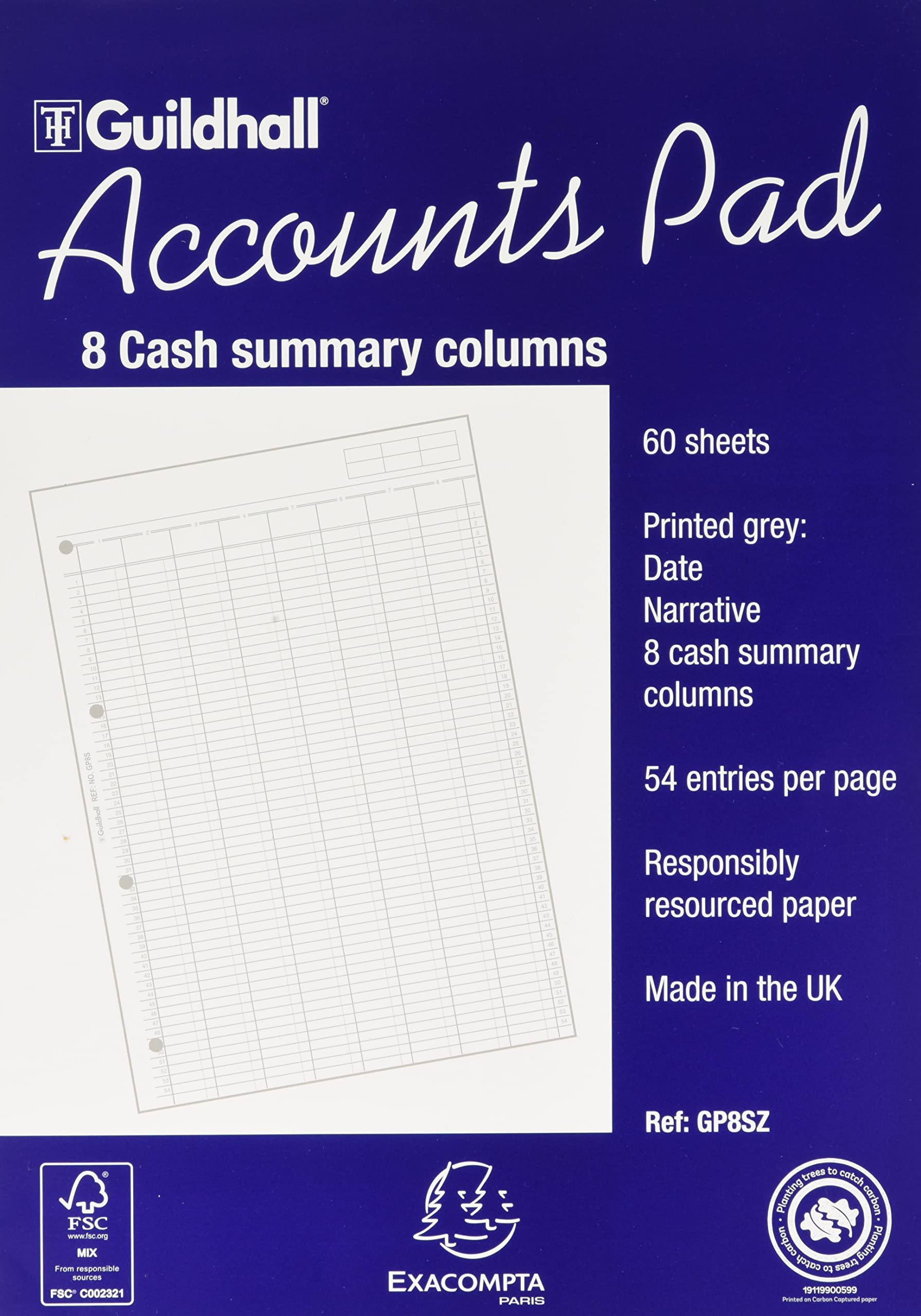 Exacompta - Ref GP8SZ - Guildhall - Accounts Pad, A4 298 x 210mm, 60 sheets 70gsm, 8 Cash Columns, 41 Feint Lines, 4 Holes for Filing, FSC-Certified