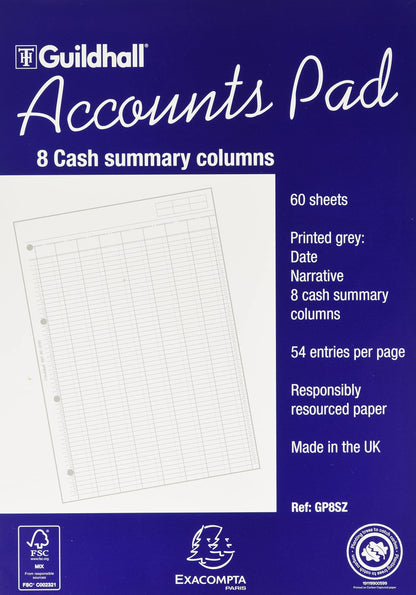 Exacompta - Ref GP8SZ - Guildhall - Accounts Pad, A4 298 x 210mm, 60 sheets 70gsm, 8 Cash Columns, 41 Feint Lines, 4 Holes for Filing, FSC-Certified