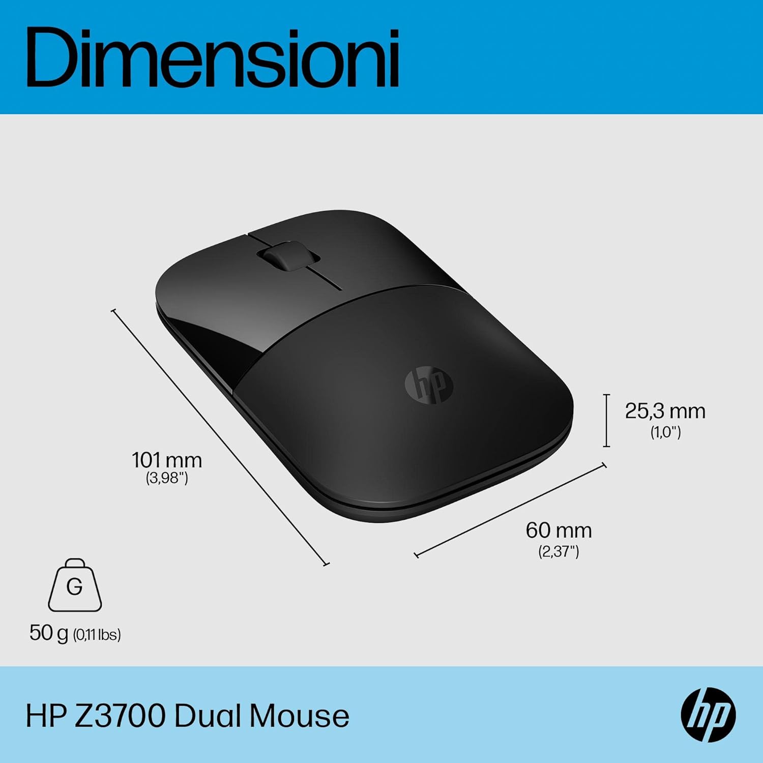 HP Z3700 Dual Black Wireless Mouse - Compatible with Chrome, PC or Mac - Bluetooth 5.0 - Wireless - 1600 DPI Optical Multi-Surface Sensor - AES technology - Up to 16 Months Battery