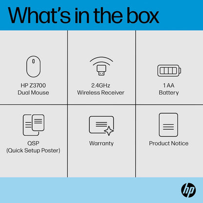 HP Z3700 Dual Silver Wireless Mouse - Compatible with Chrome, PC or Mac - Bluetooth 5.0 - Wireless - 1600 DPI Optical Multi-Surface Sensor - AES technology - Up to 16 Months Battery
