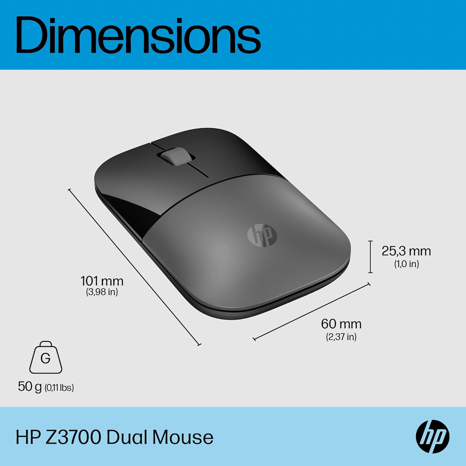 HP Z3700 Dual Silver Wireless Mouse - Compatible with Chrome, PC or Mac - Bluetooth 5.0 - Wireless - 1600 DPI Optical Multi-Surface Sensor - AES technology - Up to 16 Months Battery