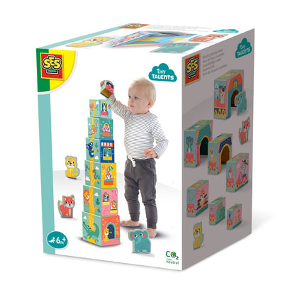 SES Creative 13142 Stapelwürfel Set mit Tierfiguren, Farbenfrohes Lernspielzeug für Babys