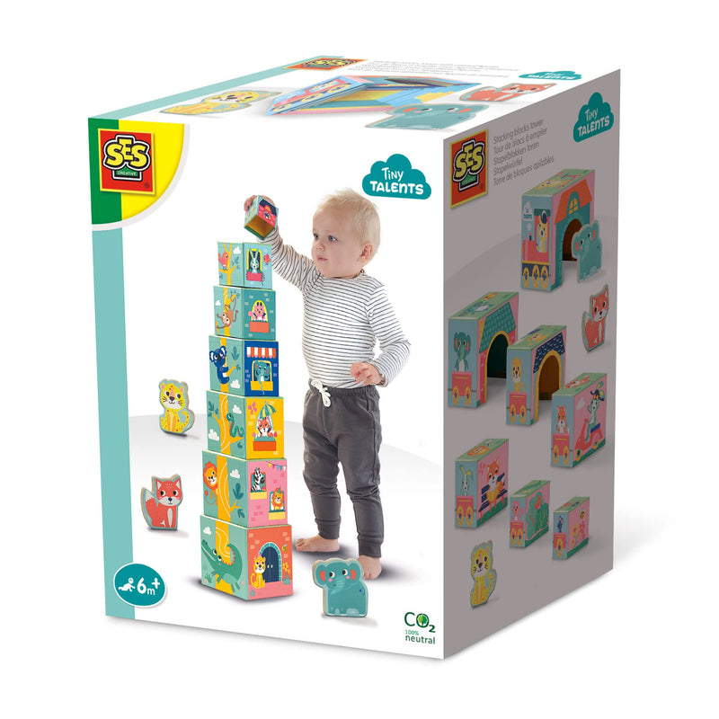 SES Creative 13142 Stapelwürfel Set mit Tierfiguren, Farbenfrohes Lernspielzeug für Babys