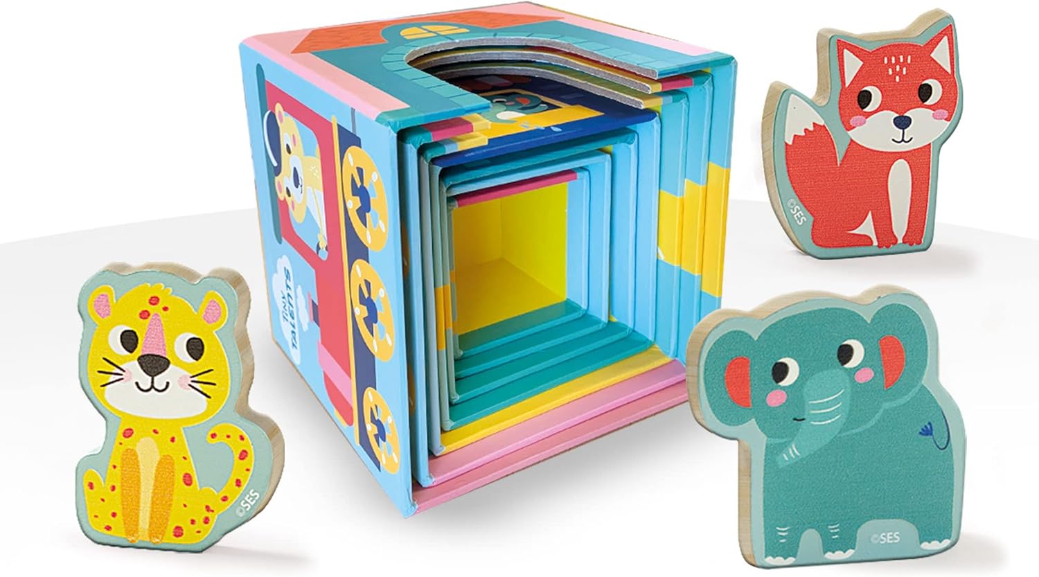 SES Creative 13142 Stapelwürfel Set mit Tierfiguren, Farbenfrohes Lernspielzeug für Babys
