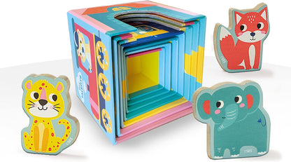 SES Creative 13142 Stapelwürfel Set mit Tierfiguren, Farbenfrohes Lernspielzeug für Babys