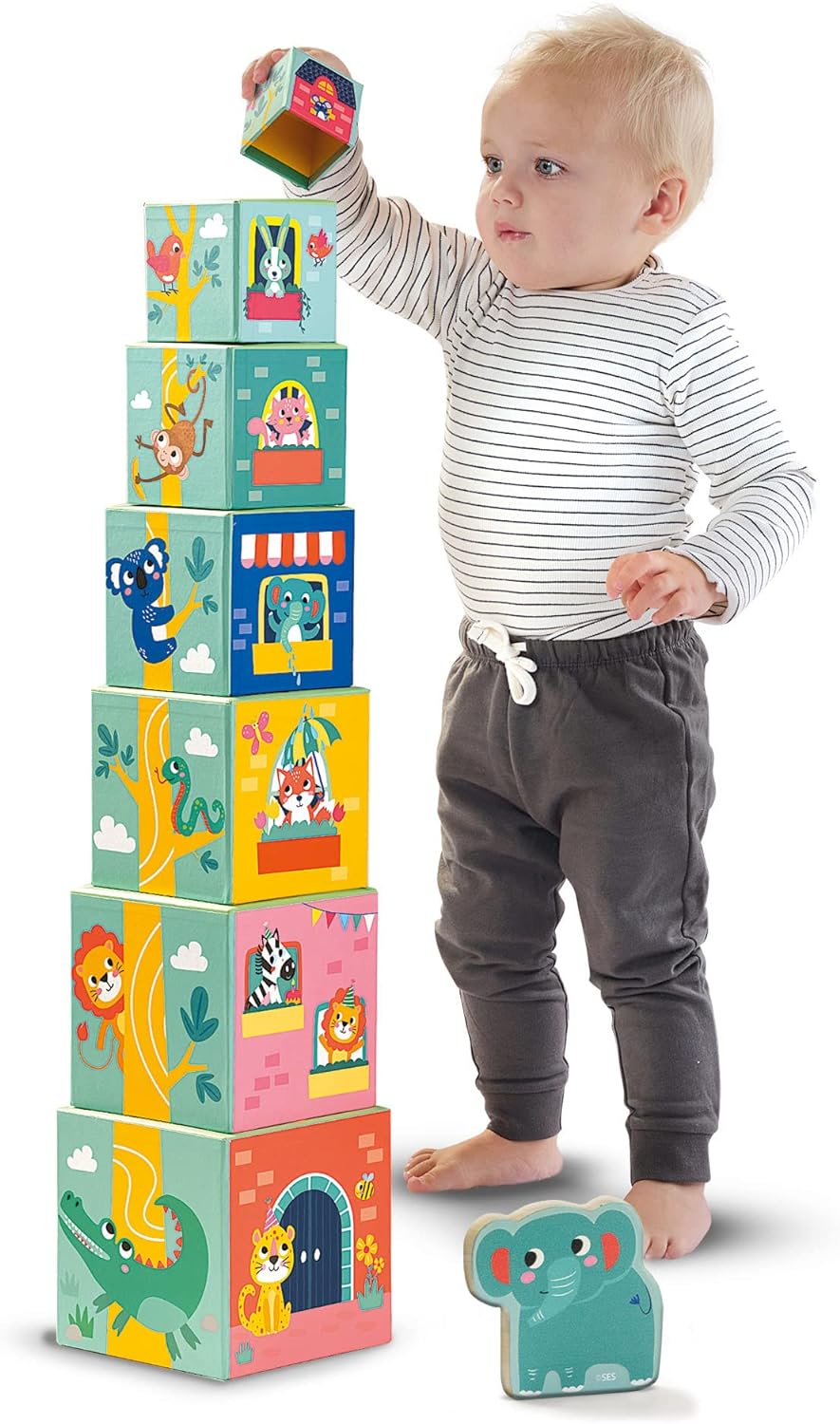 SES Creative 13142 Stapelwürfel Set mit Tierfiguren, Farbenfrohes Lernspielzeug für Babys
