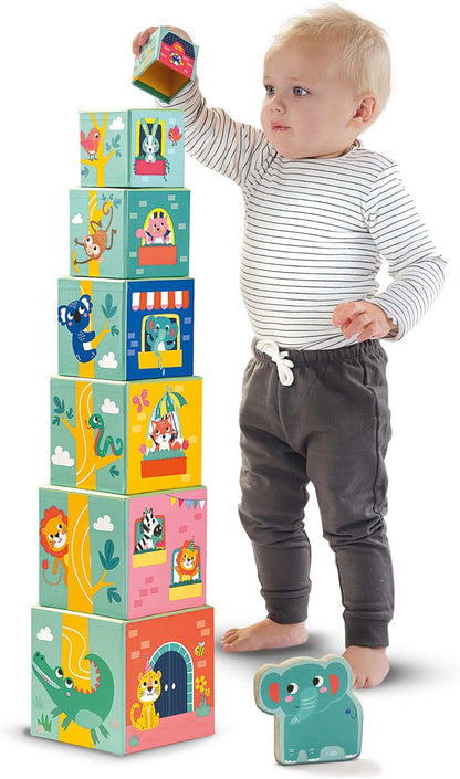 SES Creative 13142 Stapelwürfel Set mit Tierfiguren, Farbenfrohes Lernspielzeug für Babys