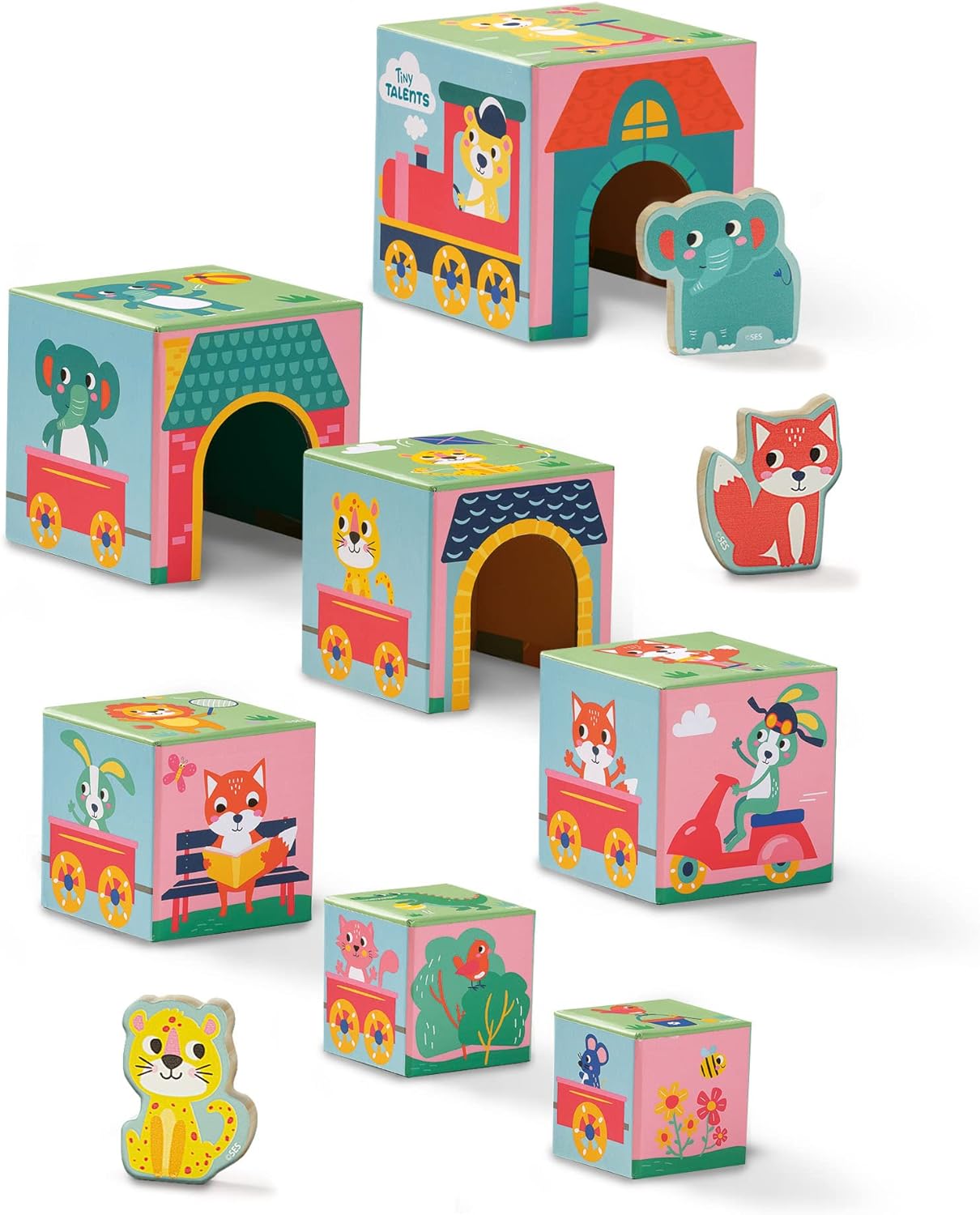 SES Creative 13142 Stapelwürfel Set mit Tierfiguren, Farbenfrohes Lernspielzeug für Babys