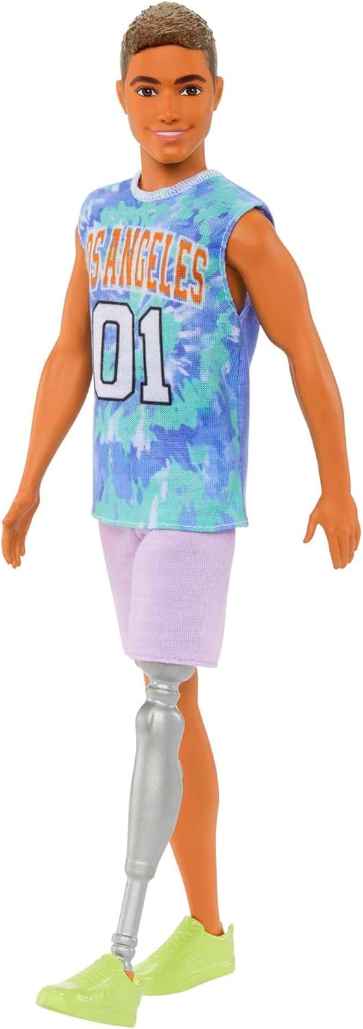 Barbie Ken Fashionistas Doll #212 with Prosthetic Leg, Wearing Los Angeles Jersey and Purple Shorts with Sneakers, HJT11