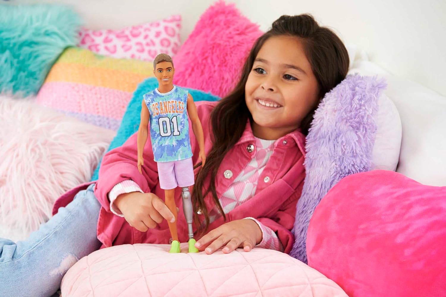 Barbie Ken Fashionistas Doll #212 with Prosthetic Leg, Wearing Los Angeles Jersey and Purple Shorts with Sneakers, HJT11
