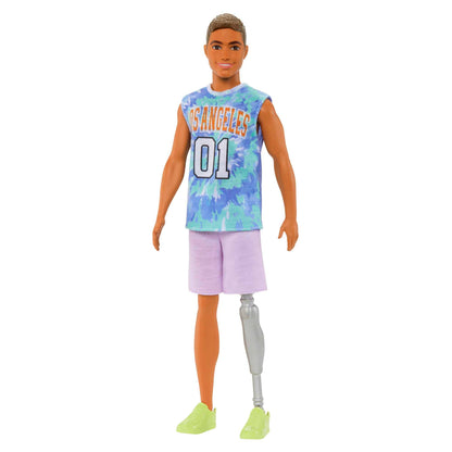 Barbie Ken Fashionistas Doll #212 with Prosthetic Leg, Wearing Los Angeles Jersey and Purple Shorts with Sneakers, HJT11