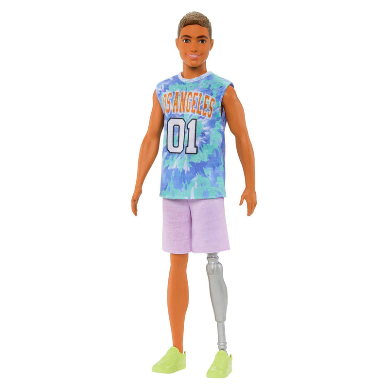 Barbie Ken Fashionistas Doll #212 with Prosthetic Leg, Wearing Los Angeles Jersey and Purple Shorts with Sneakers, HJT11