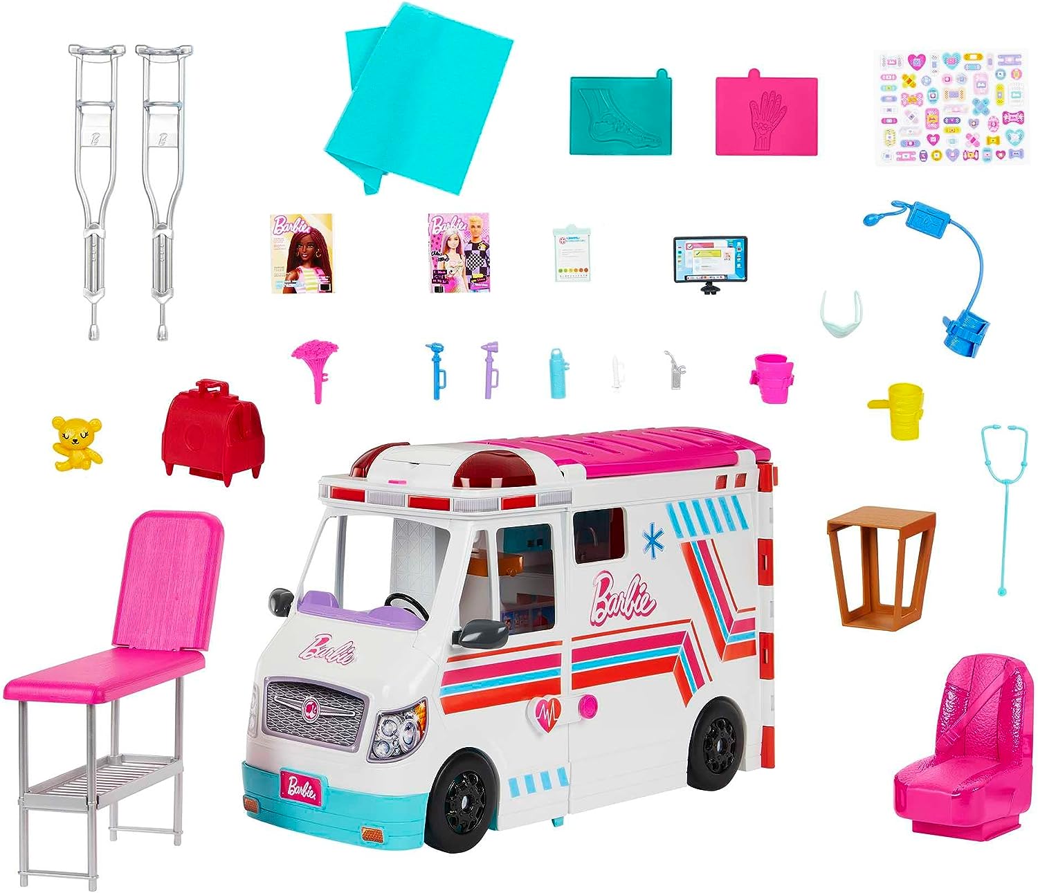Barbie Ambulance and Hospital Playset, Emergency Vehicle with Lights and Sounds Transforms into Care Clinic, 20 Doll Accessories, Toys for Ages 3 and Up, One Barbie Vehicle, HKT79