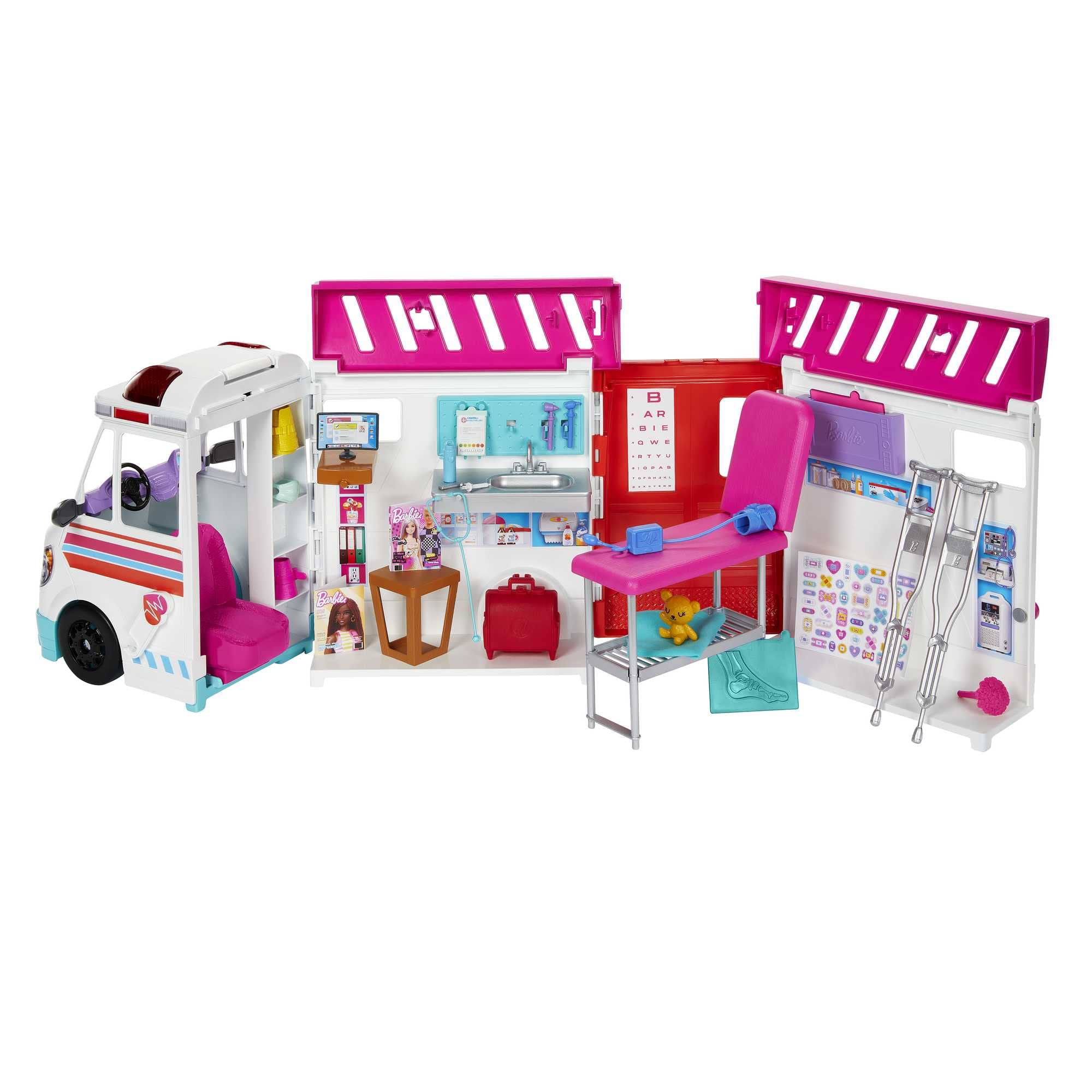 Barbie Ambulance and Hospital Playset, Emergency Vehicle with Lights and Sounds Transforms into Care Clinic, 20 Doll Accessories, Toys for Ages 3 and Up, One Barbie Vehicle, HKT79