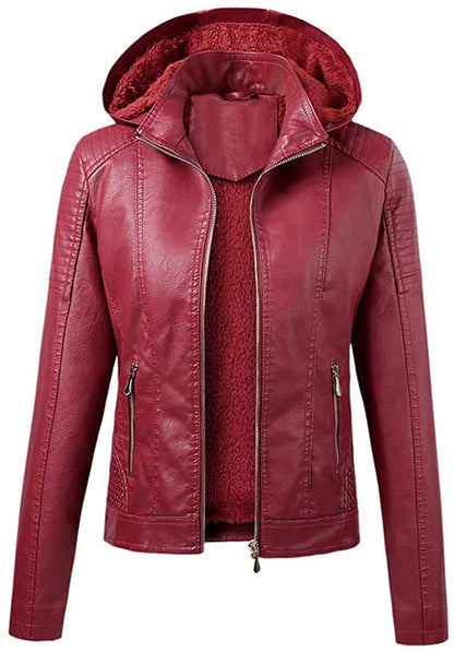Lederjacke für Damen, einfarbig, Motorradjacke, Reißverschluss, Kapuze, modische Biker-Lederjacke, 025-Rot, Größe M