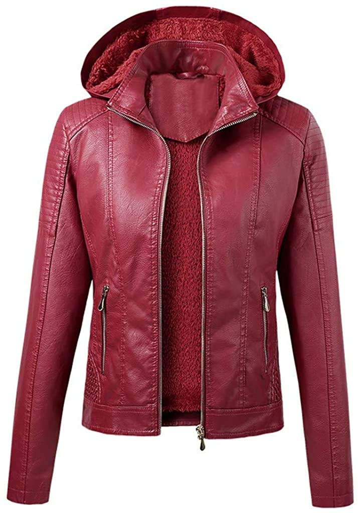 Lederjacke für Damen, einfarbig, Motorradjacke, Reißverschluss, Kapuze, modische Biker-Lederjacke, 025-Rot, Größe M