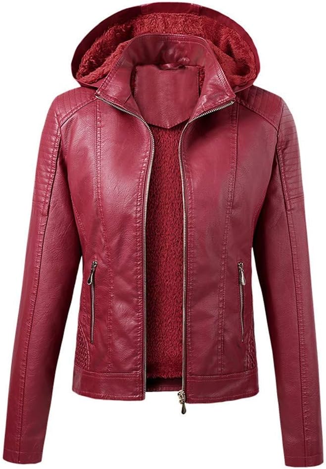 Lederjacke für Damen, einfarbig, Motorradjacke, Reißverschluss, Kapuze, modische Biker-Lederjacke, 025-Rot, Größe M