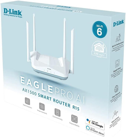 D-Link R15 EAGLE PRO AI AX1500 Smart Router with AI Wi-Fi/Traffic Optimiser, AI Parental Control, Gigabit Ports, MU-MIMO, 1024 QAM, OFDMA, WPA3, D-Link Wi-Fi Mesh. Works with Alexa/Gooogle Assistant.