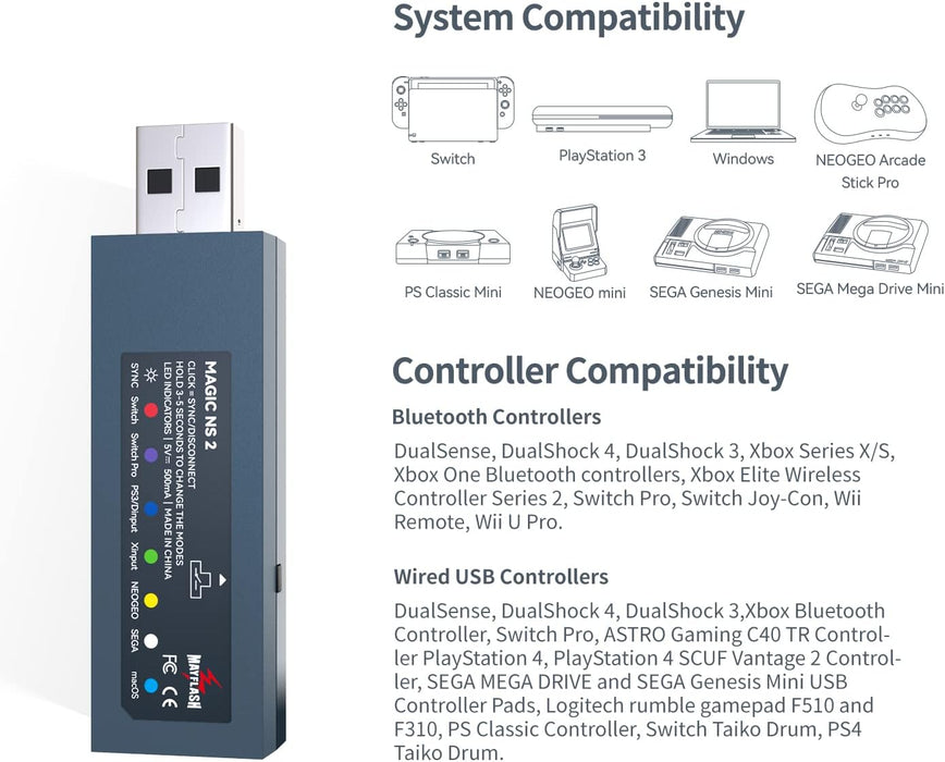 MAYFLASH MAGIC NS 2 Wireless Bluetooth USB Adapter for Switch/Switch OLED, Windows, Raspberry Pi, Compatible with Xbox Series X & S Controller, Xbox One Bluetooth Controller, PS5 Controller and more