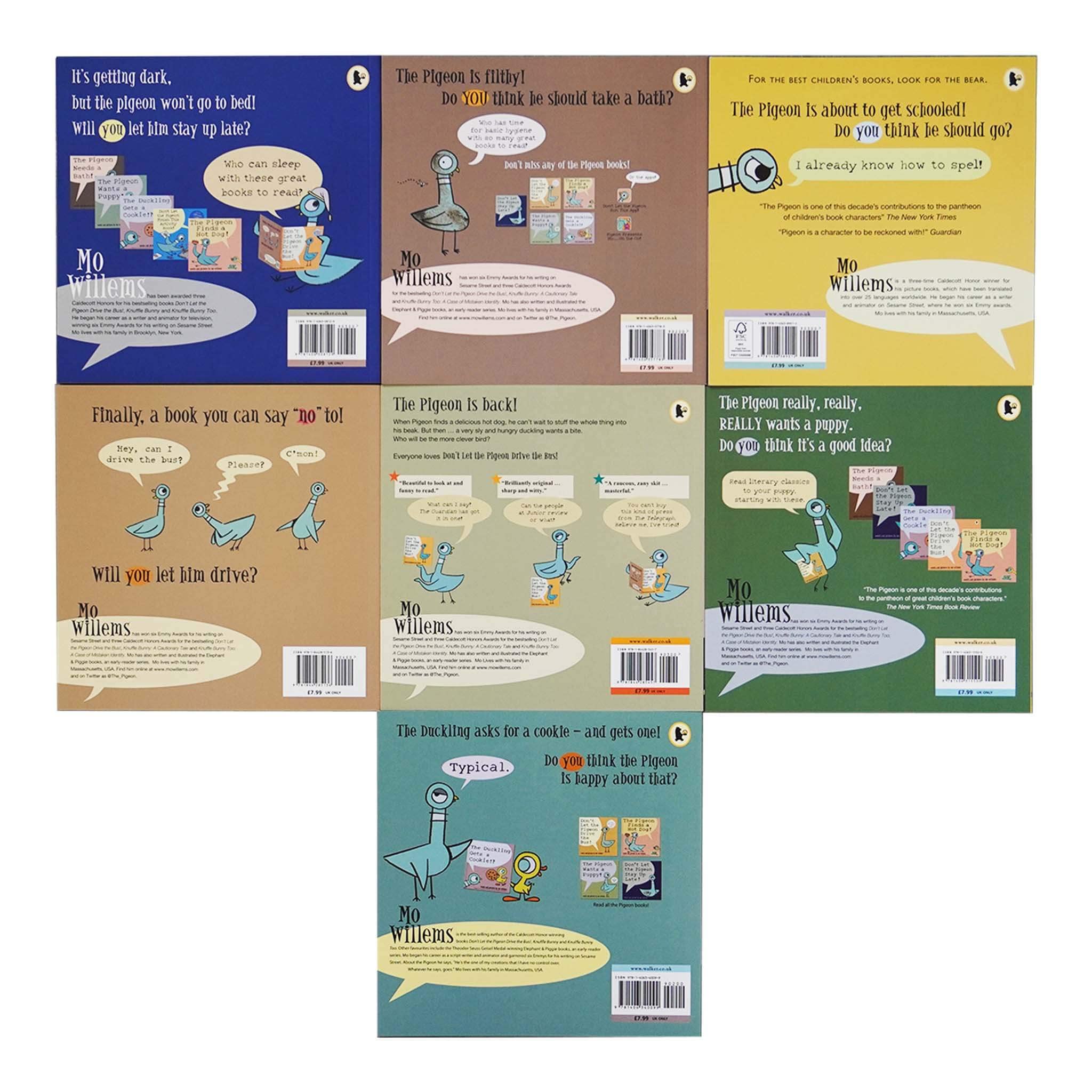 Don't Let the Pigeon Series 7 Books Collection Set by Mo Willems (Pigeon Drive the Bus, Stay Up Late, Ducking Gets a Cookie, Finds a Hot Dog, Needs a Bath, Wants a Puppy & Has to Go to School