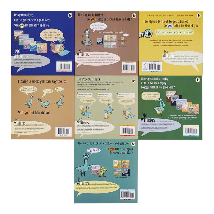 Don't Let the Pigeon Series 7 Books Collection Set by Mo Willems (Pigeon Drive the Bus, Stay Up Late, Ducking Gets a Cookie, Finds a Hot Dog, Needs a Bath, Wants a Puppy & Has to Go to School