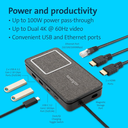 Kensington SD1700p USB C Docking Station, Dual Monitor 4K Portable Mobile Dock with Qi Charging Station, 100W Power Pass-Through, 2 x HDMI Ports, 2 x USB-A 3.2 Ports & USB-C 3.2 Gen2 Port (K32800WW) Qi-Station USB-C Mobile Docking Station