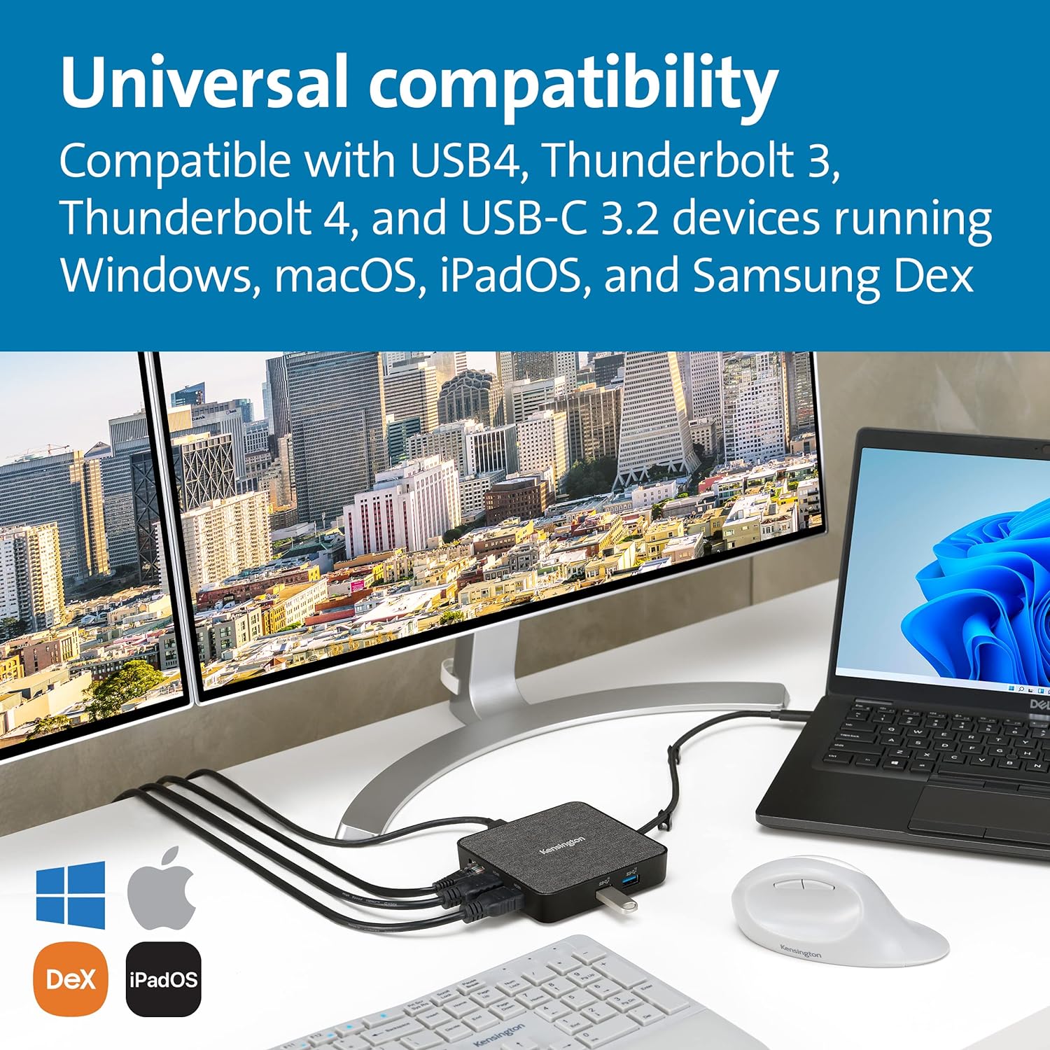 Kensington MD120U4 USB4 Docking Station, Dual Monitor 8K Portable Mobile Dock, Thunderbolt 3 & Thunderbolt 4 Dock, 100W Power Pass Through, 2 HDMI Ports, 2 USB-A Ports & USB-C Port (K32850WW