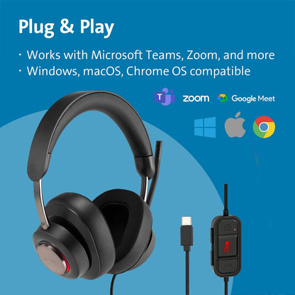 Kensington H2000 Over-Ear USB-C Headset with Microphone, Windows & Mac Compatible USB C Head Set with Mic, Universal Plug & Play Passive Noise Cancelling Headphones with Long 1.8 m Cable (K83451WW) H2