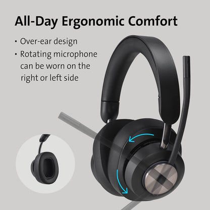 Kensington H3000 Over-Ear Bluetooth Wireless Headset with Microphone, Windows & Mac Compatible Head Set with Mic, Noise Cancelling Computer Headphones with USB-C Charging Cable & Carry Case (K83452WW