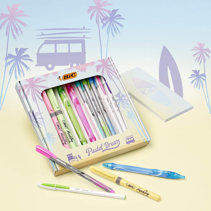 BIC Pastel Dream Kit, Set Cancelleria Scuola con Penne a Sfera BIC Cristal, Penne Gel Quick-Dry, Pennarelli Punta Media Intensity, Evidenziatori Pastello, Agenda, Idea Regalo
