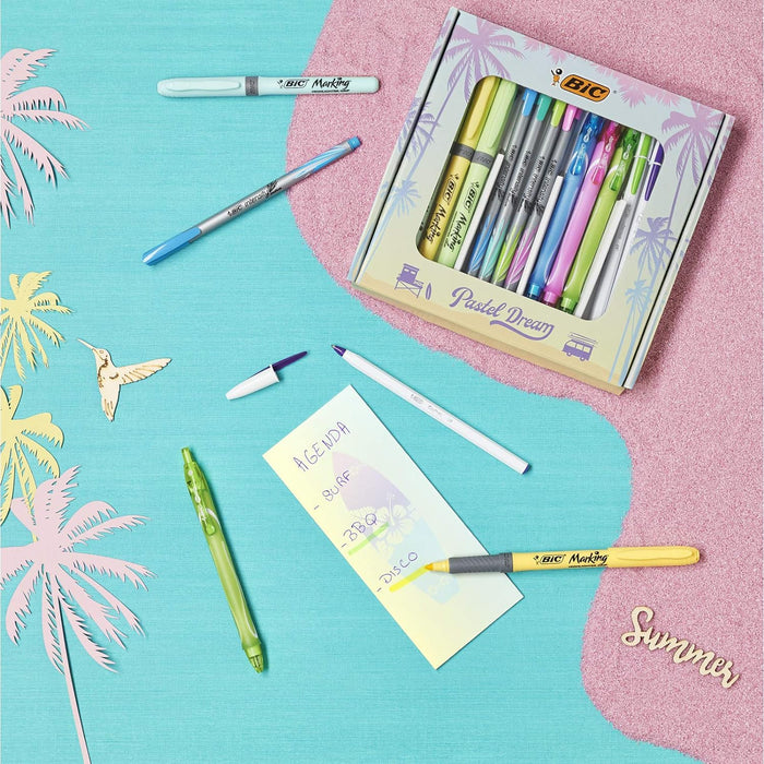 BIC Pastel Dream Kit, Set Cancelleria Scuola con Penne a Sfera BIC Cristal, Penne Gel Quick-Dry, Pennarelli Punta Media Intensity, Evidenziatori Pastello, Agenda, Idea Regalo