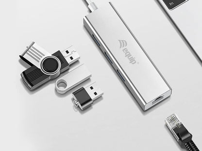 Equip 133481 USB-C to 3-Port USB Hub with Gigabit Adapter/Silver