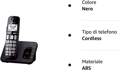 Panasonic KX-TGE260JTB Telefono Cordless, Volume Potenziato, Segreteria Telefonica, Blocco Chiamate, Identificazione Chiamante, Ideale per Anziani, Facile da Usare Con Segreteria Telefonica