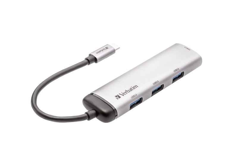 Verbatim USB-C Multiport Hub, USB C Adapter Made Aluminum for Laptops MacBooks and Smartphones, Multimedia Adapter Plug with Four USB 3.2 Gen 1 Ports, Silver