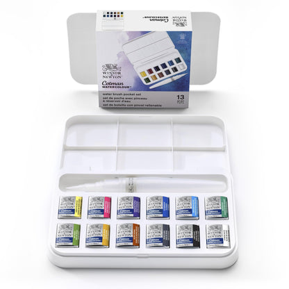Winsor & Newton, Cotman Watercolour, 'Water Brush Pocket Set' , 12 x Half Pans + 1 x Water Brush 14 Piece Set Single