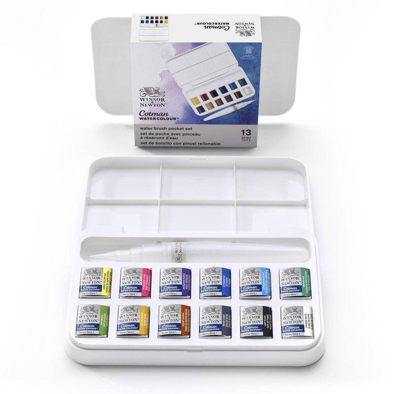 Winsor & Newton, Cotman Watercolour, 'Water Brush Pocket Set' , 12 x Half Pans + 1 x Water Brush 14 Piece Set Single